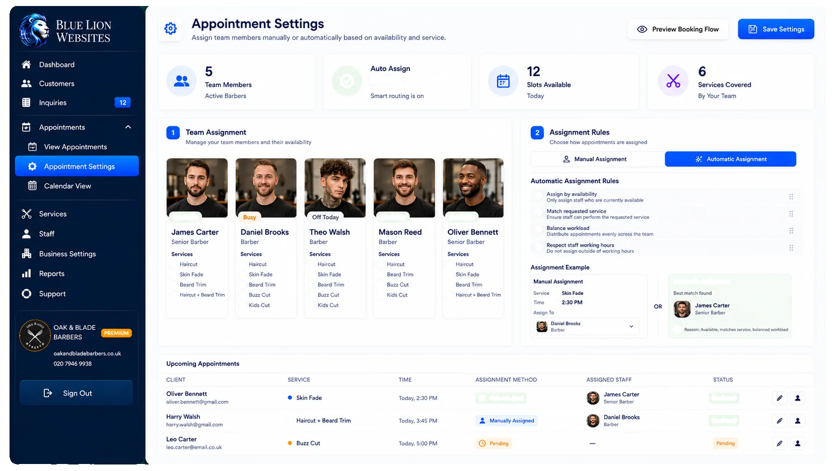 Team assignment dashboard with staff profiles
