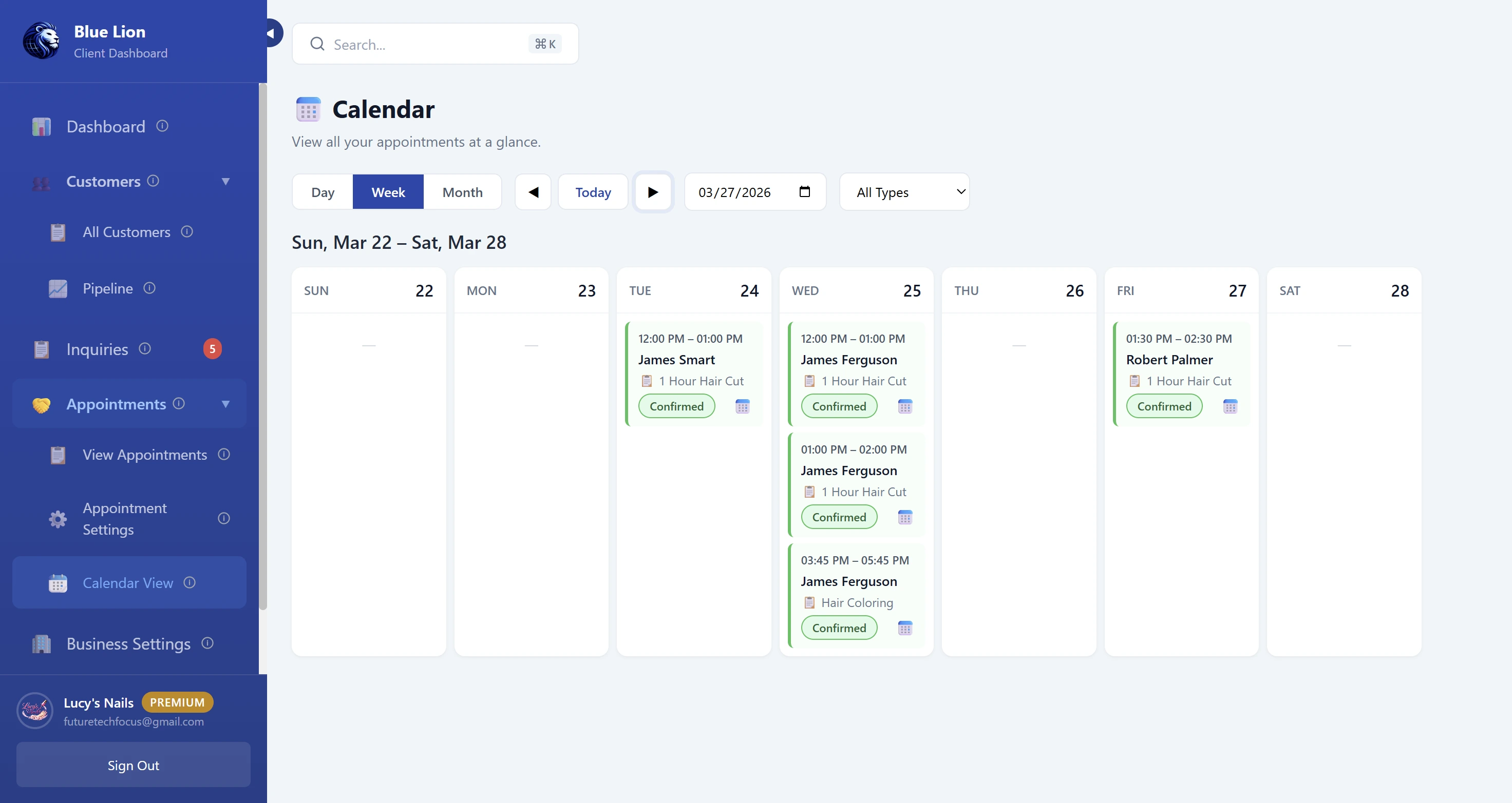 Dashboard — Calendar week view