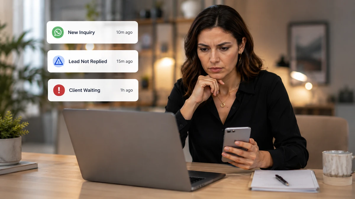 Business owner looking concerned at desk with notification badges – missed leads and enquiries