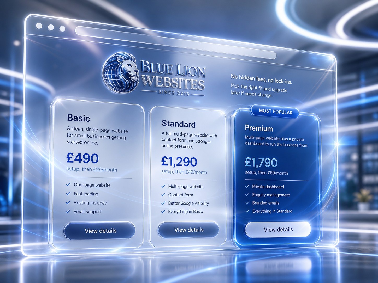 Blue Lion pricing packages visual with Basic Standard and Premium plans