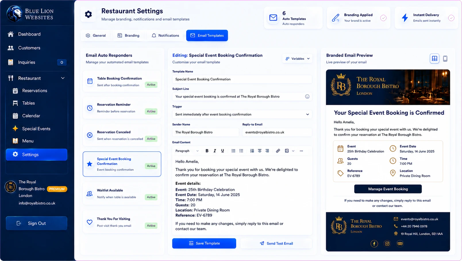 Special event email template editor with branded preview