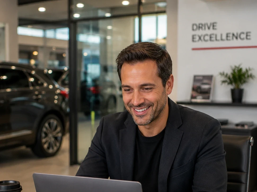 A confident car dealership owner standing in his showroom
