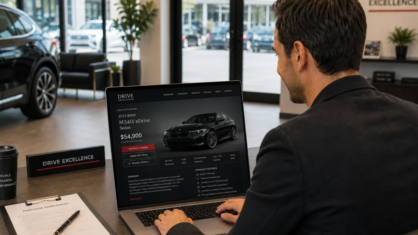Car dealership website displayed on a laptop showing vehicle inventory