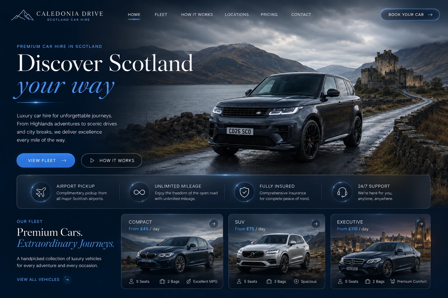 Car hire website — desktop view