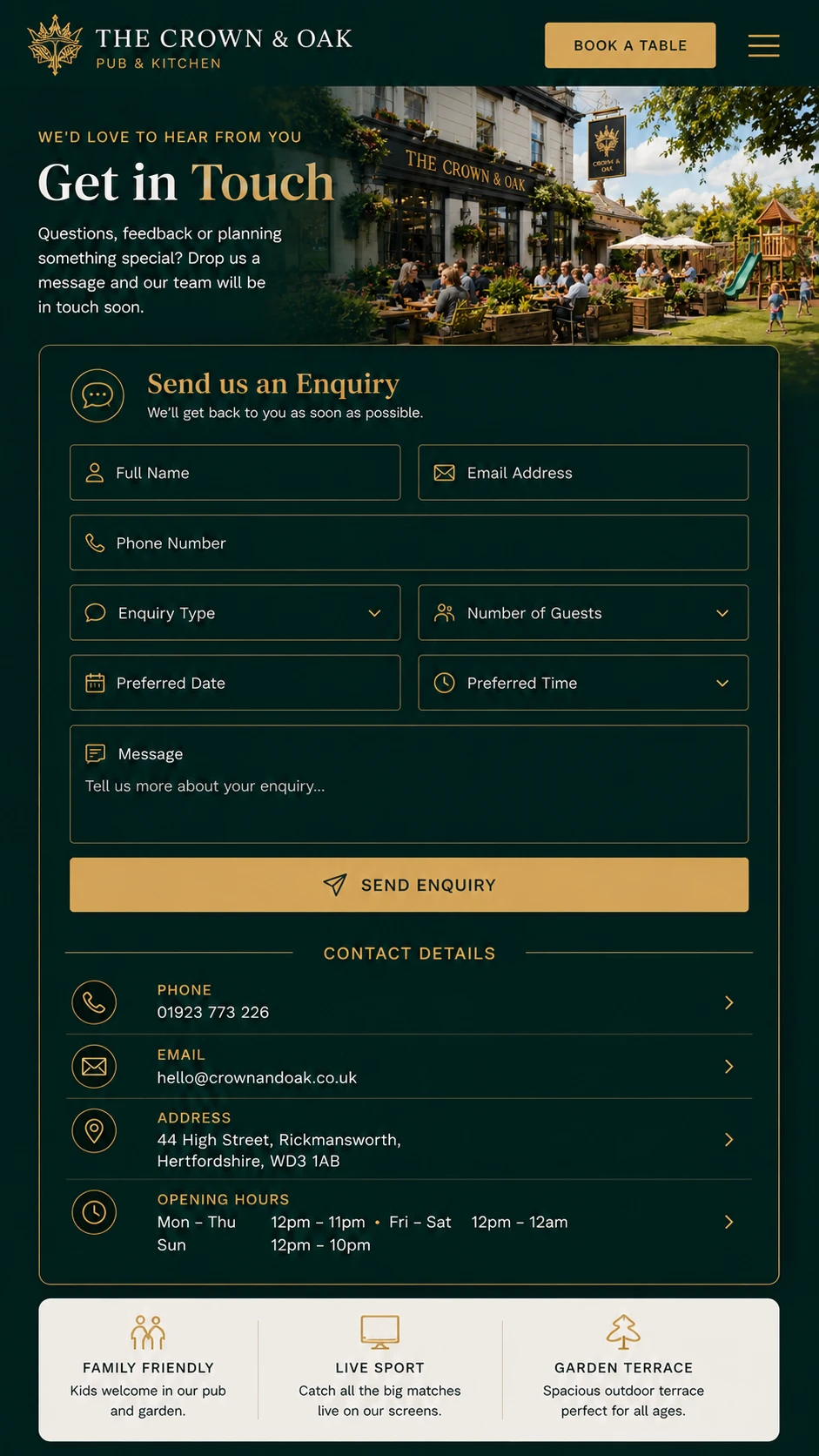Pub website — mobile view