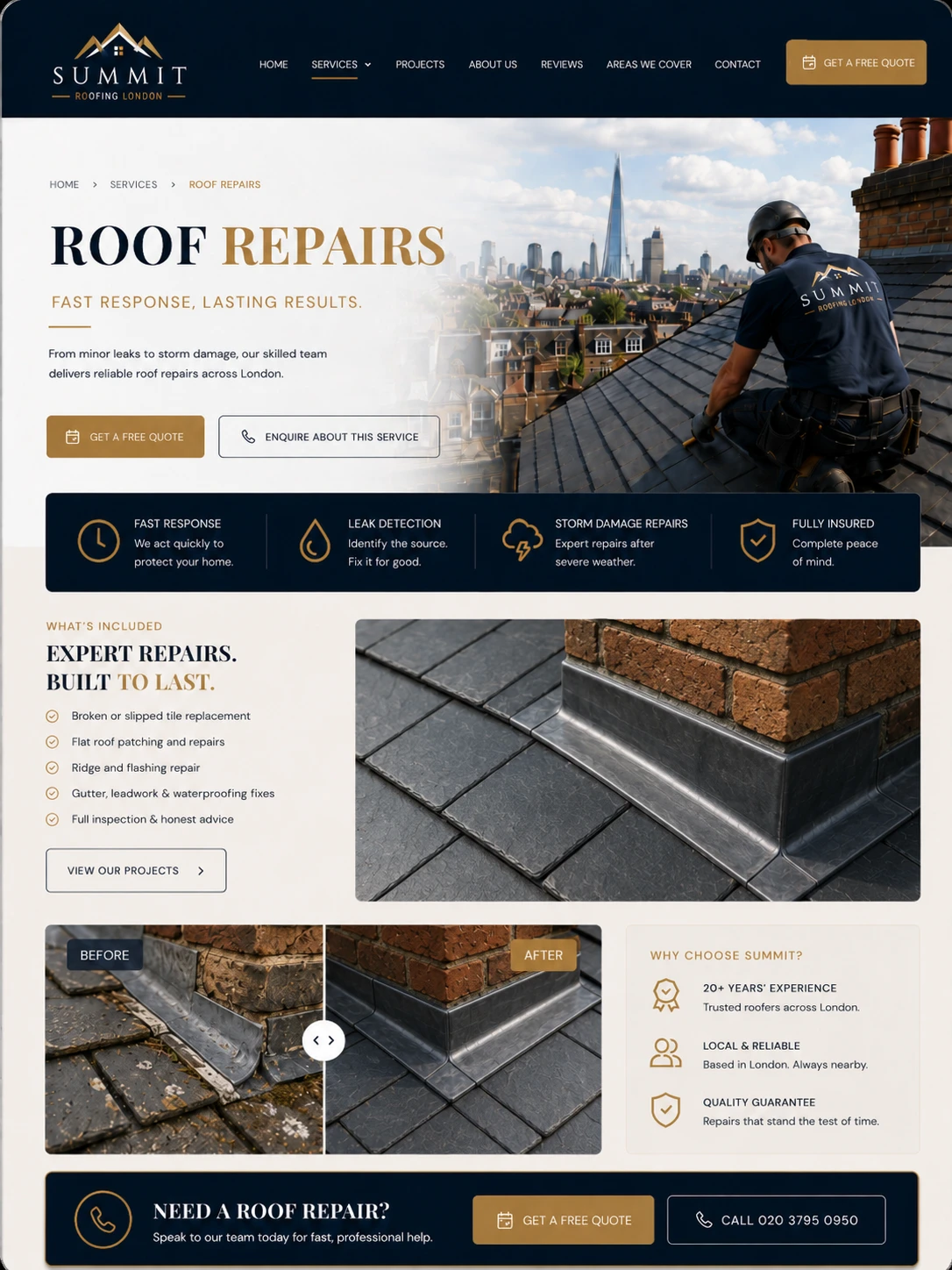 Roofer website — tablet view